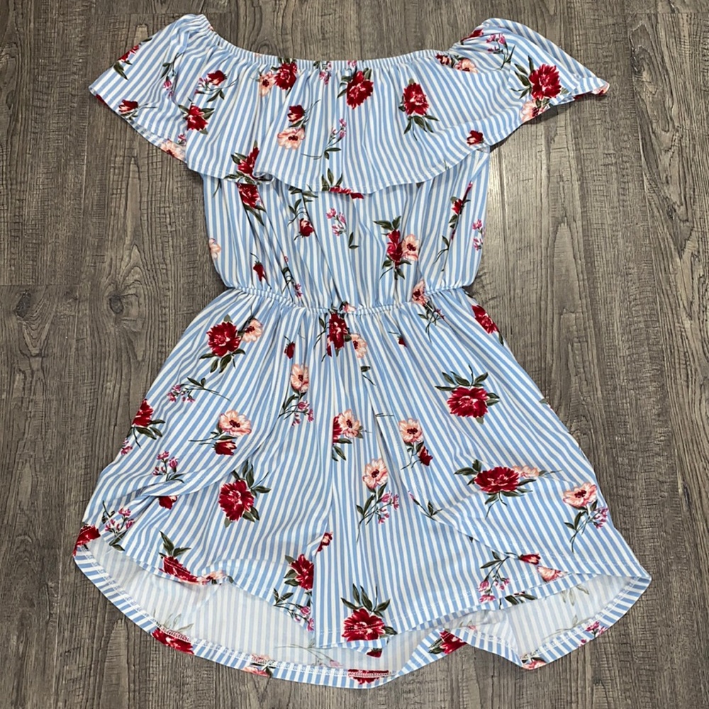 No Comment Stripe and floral overlay romper Blue and White Girls L 10/12